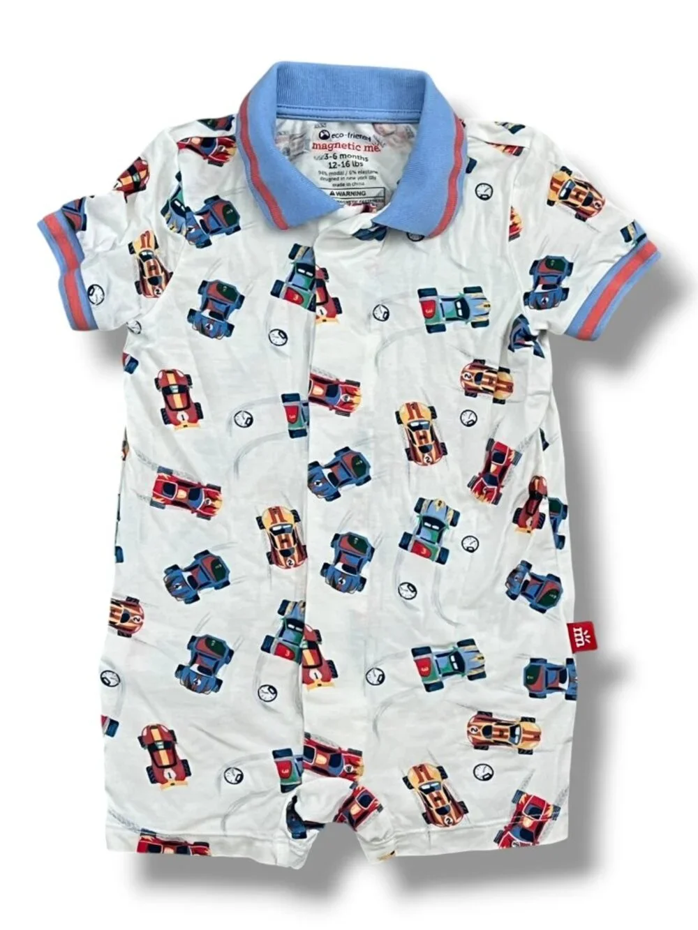 Magnetic Me Racecar Formula Fun Polo Short Sleeve Romper Size 3-6M - Picture 1 of 4
